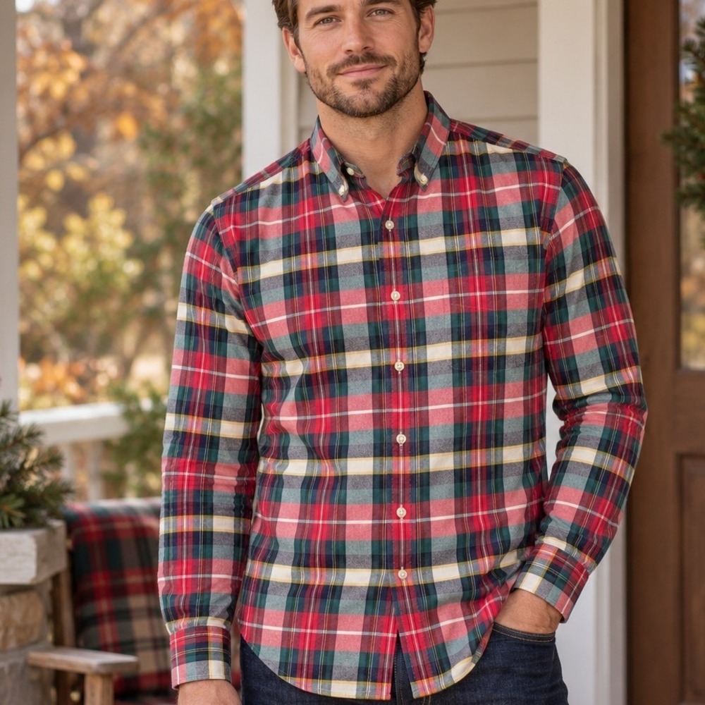 J Crew Slim Oxford Shirt Mens Cotton Red Green Plaid Preppy Classic Holiday